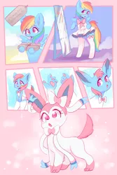 Size: 800x1200 | Tagged: safe, artist:valeria_fills, derpibooru import, rainbow dash, pegasus, pony, sylveon, :o, bipedal, blushing, bow, clothes, comic, cute, dashabetes, digital art, dress, female, hooves, image, implied rarity, mare, mirror, open mouth, paws, png, pokémon, present, rainbow dash always dresses in style, socks, solo, spread wings, standing, stockings, tail, thigh highs, transformation, underpaw, wings