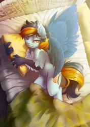 Size: 2480x3508 | Tagged: safe, artist:arctic-fox, derpibooru import, oc, oc:skysail, hippogriff, bed, bedroom, bedroom eyes, bedsheets, chest fluff, cute, ear fluff, image, jpeg, looking at you, male, overhead view, pillow, snuggling, solo, spread wings, talons, waking up, wings