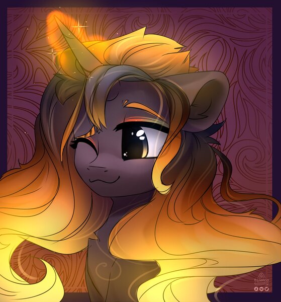 Size: 1629x1750 | Tagged: safe, artist:reterica, derpibooru import, oc, unofficial characters only, pony, unicorn, abstract background, chest fluff, eye clipping through hair, female, flowing mane, glowing horn, horn, image, jpeg, magic, mare, one eye closed, smiling, solo