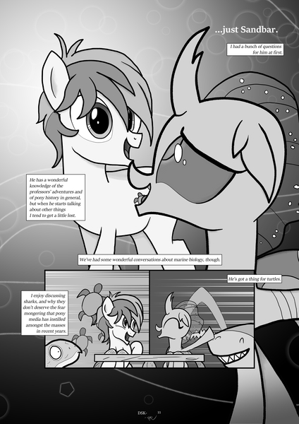 Size: 6071x8598 | Tagged: safe, artist:johnerose126, derpibooru import, ocellus, sandbar, changedling, changeling, pony, shark, turtle, fanfic:does she know, absurd resolution, fanfic art, female, friendship, image, jpeg, male, monochrome