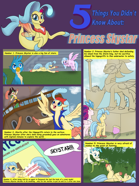 Size: 6000x8000 | Tagged: safe, artist:chedx, derpibooru import, captain celaeno, gallus, princess skystar, queen novo, silverstream, terramar, classical hippogriff, hippogriff, seapony (g4), snake, series:five things you didn't know, my little pony: the movie, absurd resolution, bouquet, bouquet of flowers, cute, faint, flower, image, magazine cover, open mouth, ophidiophobia, png, ship, skyabetes, stairs, starry eyes, statue, that hippogriff sure does love stairs, uvula, wingding eyes