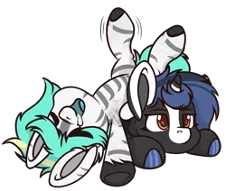Size: 1245x1056 | Tagged: safe, artist:rokosmith26, derpibooru import, oc, oc:nova ruin, oc:rokosmith, unofficial characters only, pegasus, pony, unicorn, blaze (coat marking), chibi, drool, duo, eyes closed, eyes open, female, hoof fluff, image, looking forward, mare, markings, open mouth, orange eyes, png, short hair, short mane, simple background, smiling, stripes, tail, transparent background, tribal markings