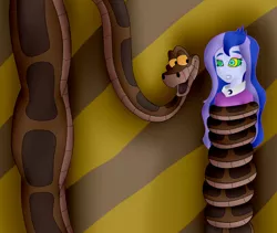 Size: 2011x1696 | Tagged: safe, artist:jerrydestrtoyer, derpibooru import, princess luna, snake, equestria girls, abstract background, clothes, coils, crossover, duo, female, hypnosis, hypnotized, image, jpeg, kaa, kaa eyes, male, mind control, open mouth, the jungle book, vice principal luna, wrapped up