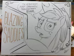 Size: 2048x1536 | Tagged: safe, artist:andypriceart, derpibooru import, idw, applejack, earth pony, pony, andy you magnificent bastard, blazing saddles, cowboy hat, female, hat, image, jpeg, looking at you, mare, pencil drawing, solo, traditional art