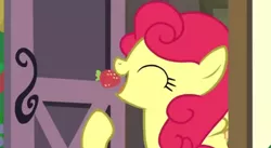 Size: 496x272 | Tagged: safe, derpibooru import, screencap, strawberry sunrise, pegasus, pony, honest apple, cute, eyes closed, food, herbivore, image, png, solo, strawberry, throwing, throwing into mouth