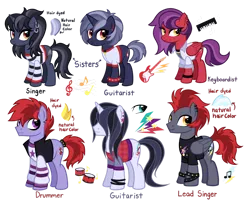 Size: 1280x1067 | Tagged: safe, artist:thecheeseburger, derpibooru import, oc, earth pony, pegasus, pony, unicorn, band, clothes, ear piercing, earring, female, group, guitar, image, jewelry, keyboard, male, mare, musical instrument, piercing, png, purple hair, red hair, simple background, smiling, stallion, transparent background