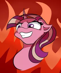 Size: 3112x3681 | Tagged: safe, derpibooru import, starlight glimmer, unicorn, antagonist, evil, evil grin, fire, grin, image, machiavellianism, multicolored mane, orange background, png, s5 starlight, simple background, smiling, solo, this will end in communism, this will end in equalization, this will end in gulag, tomboy, tyrant glimmer, villainess