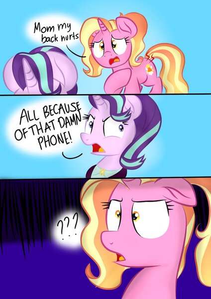 Size: 1000x1414 | Tagged: safe, artist:swivel starsong, derpibooru import, luster dawn, starlight glimmer, pony, unicorn, boomer, boomer starlight, comic, context is for the weak, female, floppy ears, headmare starlight, image, jpeg, mare, millennial luster dawn, mother and child, mother and daughter, mothers gonna mother, offspring, older, older starlight glimmer, parent:starlight glimmer, parent:sunburst, parents:starburst, unfathomable stupidity