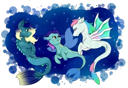 Size: 1120x773 | Tagged: safe, artist:katarikat, derpibooru import, oc, unofficial characters only, hybrid, merpony, seapony (g4), blue background, bubble, digital art, dorsal fin, family, fins, fin wings, fish tail, flowing mane, flowing tail, image, looking at each other, ocean, png, simple background, smiling, tail, teeth, transparent background, underwater, water, wings, yellow eyes