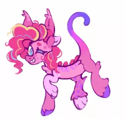 Size: 1388x1331 | Tagged: safe, artist:occultusion, derpibooru import, pinkie pie, draconequus, alternate hairstyle, draconequified, female, grin, image, jpeg, one eye closed, pinkonequus, raised hoof, raised leg, simple background, smiling, solo, species swap, white background, wink