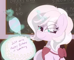 Size: 3644x3000 | Tagged: safe, artist:marshmallowfluff, derpibooru import, oc, oc:marshmallow fluff, unofficial characters only, pony, unicorn, apron, cake, chalk, chalkboard, clothes, food, freckles, image, literal, magic, png