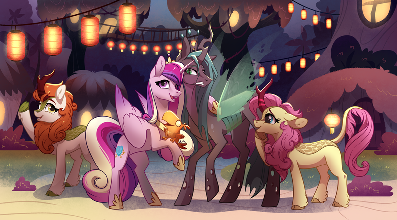 Size: 2703x1500 | Tagged: safe, artist:28gooddays, derpibooru import, autumn blaze, fluttershy, princess cadance, queen chrysalis, alicorn, changeling, changeling queen, kirin, phoenix, pony, baby phoenix, commission, female, hoof over mouth, hug, image, jewelry, kirin fluttershy, kirinified, lantern, paper lantern, png, regalia, smiling, species swap