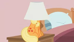 Size: 1676x944 | Tagged: safe, artist:forgalorga, derpibooru import, applejack, earth pony, pony, bed, female, image, jpeg, lamp, lampshade, mare, silly, silly pony, sitting, sneaky, who's a silly pony, your little cat 4, your little pets
