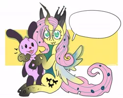 Size: 604x483 | Tagged: safe, artist:lowname, derpibooru import, fluttershy, queen chrysalis, changeling, changeling queen, rabbit, abstract background, animal, female, fusion, image, jpeg, sitting, speech bubble