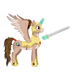 Size: 1692x1709 | Tagged: safe, artist:twin-fan, derpibooru import, oc, unofficial characters only, alicorn, pony, alicorn oc, armor, ear piercing, female, glowing horn, helmet, hoof shoes, horn, image, magic, mare, piercing, png, simple background, sword, telekinesis, transparent background, weapon, wings
