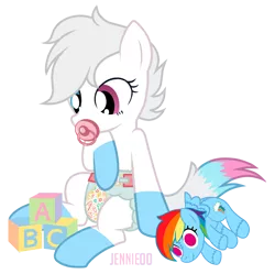 Size: 1200x1194 | Tagged: safe, artist:jennieoo, derpibooru import, rainbow dash, oc, oc:star lily, adult foal, blocks, diaper, diaper fetish, female, fetish, image, non-baby in diaper, pacifier, plushie, png, rainbow dash plushie, show accurate, simple background, solo, transparent background