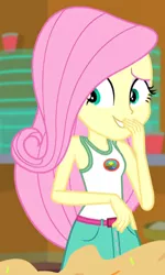 Size: 297x494 | Tagged: safe, derpibooru import, screencap, fluttershy, equestria girls, legend of everfree, legend of everfree - bloopers, clothes, cropped, image, png, sleeveless, solo, tanktop