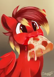 Size: 800x1131 | Tagged: safe, artist:sketchiix3, derpibooru import, oc, oc:infernus, unofficial characters only, pegasus, pony, food, gradient background, happy, image, male, meat, messy eating, mouth hold, pepperoni, pepperoni pizza, pizza, png, smiling, solo