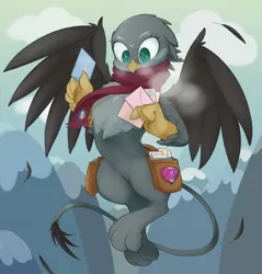 Size: 1960x2048 | Tagged: safe, artist:noupu, derpibooru import, gabby, gryphon, clothes, cold, cute, cutie mark crusaders patch, female, flying, gabbybetes, image, jpeg, letter, mailbag, satchel, scarf