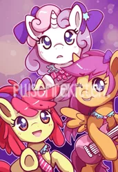 Size: 693x1012 | Tagged: safe, artist:pulsefirepony, derpibooru import, apple bloom, scootaloo, sweetie belle, earth pony, pegasus, pony, unicorn, alternate hairstyle, bow, cute, cutie mark crusaders, electric guitar, female, filly, guitar, hair bow, idol, image, jpeg, musical instrument, necktie, obtrusive watermark, one eye closed, open mouth, ponytail, school idol, smiling, sparkly eyes, watermark, wingding eyes, wink