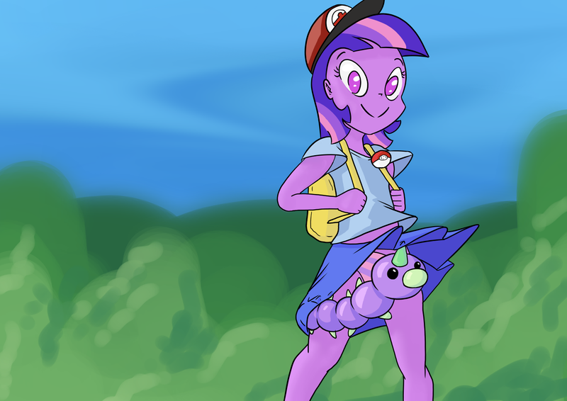 Size: 1414x1000 | Tagged: suggestive, artist:happy harvey, derpibooru import, edit, spike, twilight sparkle, human, weedle, equestria girls, backpack, climbing, clothes, crossover, drawn on phone, female, forest, hat, image, looking at you, male, panties, png, pokéball, pokémon, purple underwear, skirt, smiling, species swap, striped underwear, tree, underwear, upskirt