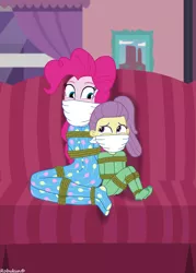 Size: 1920x2688 | Tagged: suggestive, artist:robukun, derpibooru import, lily pad (equestria girls), pinkie pie, human, equestria girls, babysitting, bondage, bound and gagged, cloth gag, clothes, couch, duo, duo female, female, femsub, footed sleeper, footie pajamas, gag, image, jpeg, onesie, otn gag, over the nose gag, pajamas, pinkiesub, rope, rope bondage, sleepover, slumber party, submissive, tied up, underage
