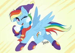 Size: 1920x1358 | Tagged: safe, artist:julunis14, derpibooru import, rainbow dash, pegasus, pony, clothes, digital, image, jpeg, running, scarf, signature, simple background, snow, snowball, socks, solo, spread wings, wings, winter hat, winter outfit