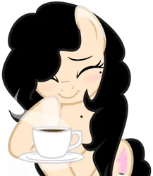 Size: 638x736 | Tagged: safe, artist:amgiwolf, derpibooru import, oc, oc:amgi, unofficial characters only, earth pony, pony, base used, bust, coffee, colored hooves, cup, earth pony oc, eyelashes, eyes closed, female, image, mare, png, simple background, smiling, solo, transparent background