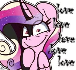 Size: 1490x1381 | Tagged: safe, artist:lou, derpibooru import, princess cadance, alicorn, pony, bust, female, image, insanity, looking at you, love, mare, png, princess yandance, smiling, solo, yandere