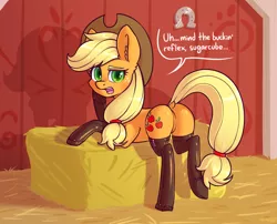 Size: 1996x1612 | Tagged: suggestive, artist:dsp2003, derpibooru import, applejack, earth pony, pony, applebutt, applejack's hat, barn, blushing, boots, butt, clothes, commission, cowboy hat, cutie mark, dock, featureless crotch, female, fireproof boots, hat, haystack, horseshoes, image, latex, leather, leather boots, mare, open mouth, png, shoes, signature, speech bubble