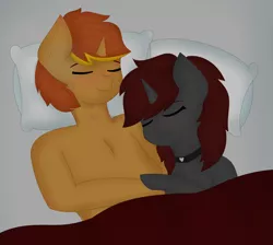 Size: 3021x2710 | Tagged: suggestive, artist:embermare, artist:emberstoneeqf, derpibooru import, oc, oc:ember stone, oc:radray, anthro, unicorn, bed, bruised, couple, cuddling, female, image, male, png, sleeping, snuggling