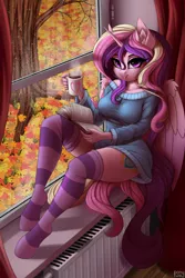 Size: 1332x2000 | Tagged: safe, artist:pony-way, derpibooru import, princess cadance, alicorn, anthro, unguligrade anthro, autumn, book, bottomless, breasts, busty princess cadance, clothes, cup, cute, cutedance, ear fluff, female, image, jpeg, leaves, looking at you, partial nudity, rain, sitting, smiling, socks, solo, stockings, striped socks, sweater, sweater dress, thigh highs, thighs, tongue out, tree, window, zettai ryouiki