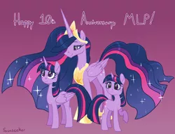 Size: 3908x2980 | Tagged: safe, artist:moonseeker, derpibooru import, princess twilight 2.0, twilight sparkle, twilight sparkle (alicorn), alicorn, pony, unicorn, the last problem, 10, crown, gradient background, image, jewelry, mlp fim's tenth anniversary, older, older twilight, peytral, png, regalia, self ponidox, time paradox, triality, unicorn twilight