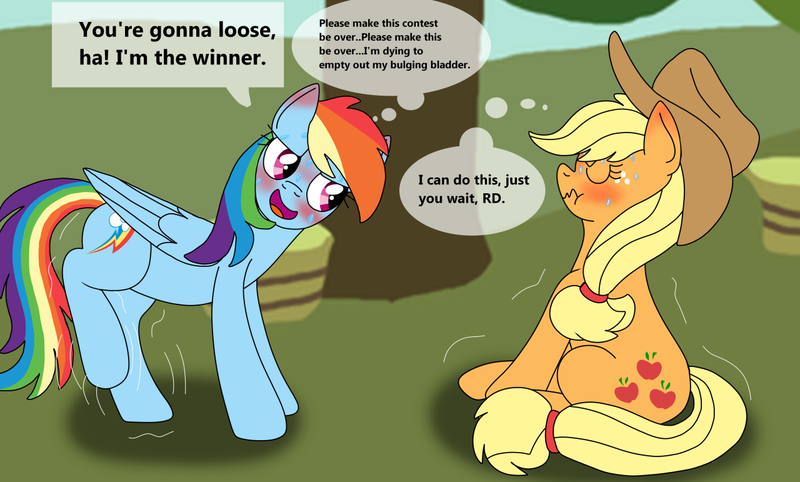 Size: 1280x771 | Tagged: safe, artist:lynnthenerdkitty, derpibooru import, applejack, rainbow dash, earth pony, pegasus, pony, blushing, contest, desperation, dialogue, duo, duo female, eyes closed, female, image, need to pee, omorashi, open mouth, png, potty dance, potty emergency, potty time, scrunchy face, sitting, smiling, speech bubble, sweat, sweatdrops, thought bubble