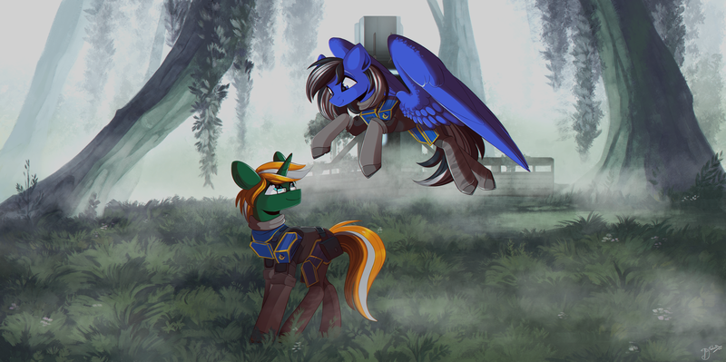 Size: 3000x1497 | Tagged: safe, artist:hagalazka, derpibooru import, oc, oc:driftor, unofficial characters only, pegasus, pony, unicorn, armor, armored pony, building, chestplate, commission, field, flying, fog, foliage, glasses, horn, hossin, image, looking at each other, looking down, looking up, new conglomerate, outdoors, pegasus oc, planetside, planetside 2, png, smiling, swamp, tree, unicorn oc, video game, vine, wings