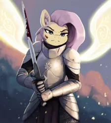 Size: 2000x2221 | Tagged: semi-grimdark, artist:mrscroup, derpibooru import, fluttershy, anthro, armor, artificial wings, assertive, augmented, badass, blood, blood splatter, blood stains, chainmail, cutie mark on weapon, dual wield, ear fluff, ethereal wings, fantasy class, female, flutterbadass, glowing wings, high res, holding, image, jpeg, knight, knight armor, looking at you, magic, magic wings, paladin, phantom wings, smoke, solo, spread wings, standing, sword, warrior, weapon, wings