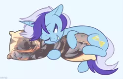 Size: 1700x1100 | Tagged: safe, artist:higgly-chan, derpibooru import, minuette, pony, unicorn, batman, bedroom eyes, blue background, blushing, body pillow, dc comics, female, grin, image, lying down, mare, one eye closed, pillow, png, side, simple background, smiling, solo, wink