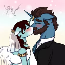 Size: 3000x3000 | Tagged: safe, artist:shamy-crist, derpibooru import, oc, oc:ethan, oc:margo, unofficial characters only, pony, unicorn, blushing, clothes, dress, female, image, kissing, male, mare, png, stallion, suit, wedding dress