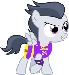 Size: 2302x2500 | Tagged: safe, artist:rapmlpandbttffan23, derpibooru import, rumble, pegasus, pony, basketball, basketball jersey, clothes, colt, foal, image, jersey, lakers, los angeles lakers, male, nba, nike, nike logo, png, shorts, simple background, solo, sports, transparent background, wristband