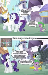 Size: 480x750 | Tagged: safe, derpibooru import, gabby, prince blueblood, rarity, spike, comic, female, image, implied shipping, implied sparity, implied straight, jpeg, male, op is a duck, rariblood, shipping, spabby, spanish, straight, text, translated in the comments
