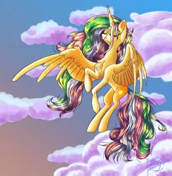 Size: 1280x1307 | Tagged: safe, artist:rainbowmoron, derpibooru import, princess celestia, alicorn, pony, cloud, flying, image, jpeg, sky, solo