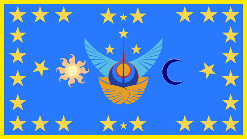 Size: 1280x720 | Tagged: safe, derpibooru import, princess celestia, princess luna, emblem, equestrian flag, flag, greater equestria, image, jpeg, moon, stars, sun