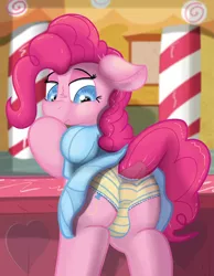 Size: 1672x2160 | Tagged: suggestive, alternate version, artist:not_texmex, derpibooru import, pinkie pie, earth pony, pony, anus cameltoe, clothes, crotch bulge, derpibooru exclusive, dock, dress, female, frilly underwear, image, looking back, mare, nudity, panties, panty shot, png, solo, solo female, striped underwear, sugarcube corner, underwear