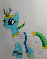 Size: 1600x2017 | Tagged: safe, artist:bsw421, derpibooru import, oc, oc:jasmine viper, unofficial characters only, earth pony, pony, bracelet, clothes, egyptian, egyptian pony, headdress, image, jewelry, jpeg, makeup, necklace, priestess, sandals, skirt, solo, traditional art