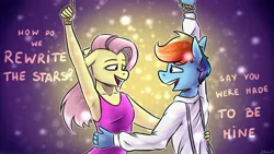 Size: 3840x2160 | Tagged: safe, artist:jellysiek, derpibooru import, fluttershy, rainbow dash, anthro, crossover, dancing, female, flutterdash, image, jpeg, lesbian, rewrite the stars, shipping, simple background, singing, smiling, the greatest showman