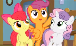 Size: 1156x707 | Tagged: safe, derpibooru import, screencap, apple bloom, scootaloo, sweetie belle, the last crusade, bipedal, cropped, cutie mark crusaders, image, png, smiling, trio