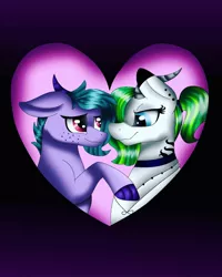 Size: 1080x1350 | Tagged: safe, artist:rxndxm.artist, derpibooru import, oc, unofficial characters only, dracony, dragon, hybrid, pony, bust, choker, cloven hooves, eyelashes, freckles, gradient background, heart, horns, image, jpeg, oc x oc, shipping, smiling