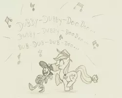 Size: 800x641 | Tagged: safe, artist:grivous, derpibooru import, applejack, banjo, crossover, friendshipping, image, jpeg, musical instrument, singing, traditional art, wander over yonder, wander (wander over yonder)