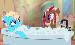 Size: 3096x1855 | Tagged: safe, alternate version, artist:al-lat, derpibooru import, oc, oc:june blaze, oc:machiko, unofficial characters only, earth pony, pegasus, pony, bath, bathtub, bedroom eyes, bubble, commission, eye scar, eyebrow piercing, female, grin, image, lesbian, looking at each other, oc x oc, open mouth, piercing, png, scar, shipping, smiling, soap bubble, water, ych result