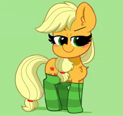 Size: 1900x1800 | Tagged: safe, artist:kittyrosie, derpibooru import, applejack, earth pony, pony, blushing, chest fluff, clothes, cute, ear fluff, female, green background, hatless, image, jackabetes, jpeg, mare, missing accessory, simple background, socks, solo, striped socks